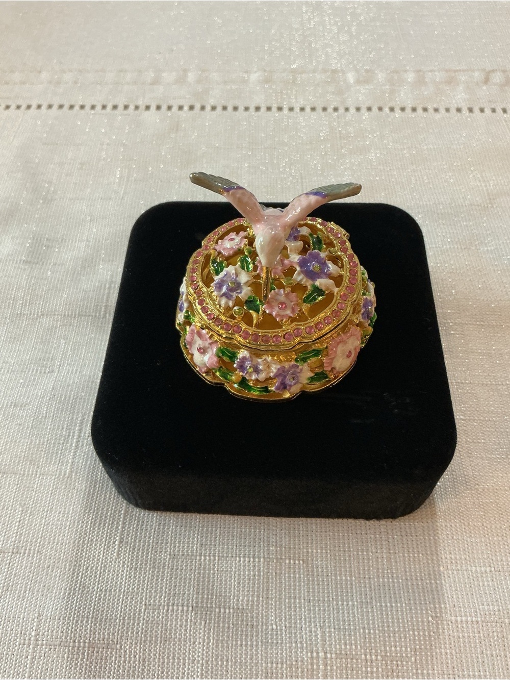 Hummingbird & Floral Print Enameled Vintage Style Gold Tone Hinged Trinket Box